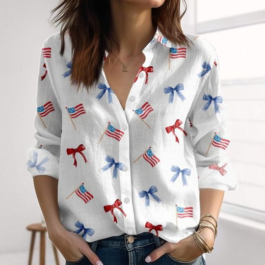 Discover 4th Of July Coquette Bow Linen-Look Shirt, American Women Shirt, USA Flag Blouses Shirt, Independence Day Casual Shirt, Patriotic Gift
