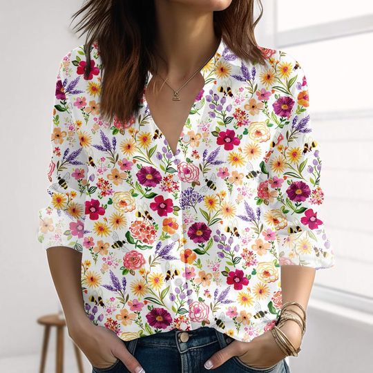 Discover Bee Floral Linen-Look Shirt, Cottagecore Wildflower Women Shirt, Botanical Blouse Shirt, Gardening Casual Shirt, Nature Love Gift