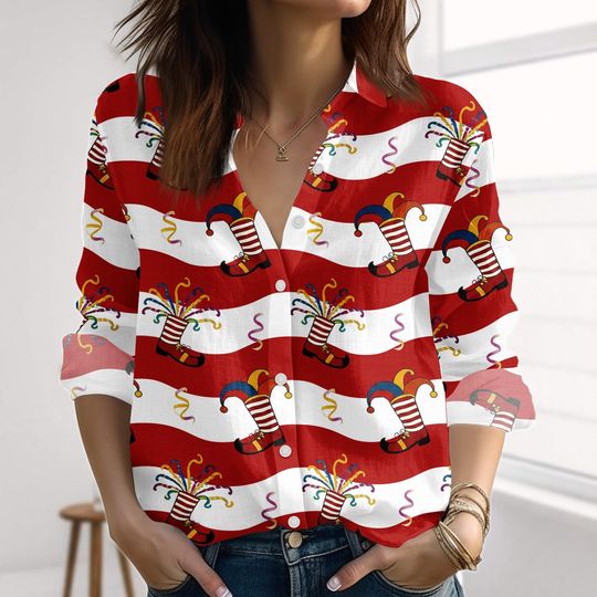 Discover Carnival Cologne Jester Linen-Look Shirt, Carnival Mask Blouse Shirt, Carnival Holiday Women Shirt, German Costume Party For Women