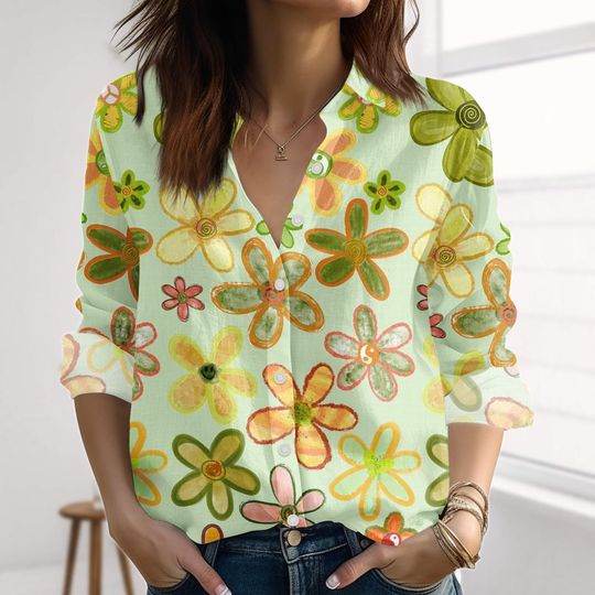 Discover Retro Floral Flowers Linen-Look Shirt, Boho Hippie Floral Women Shirt, Spring Summer Blouse Shirt, Gardening Casual Shirt For Her