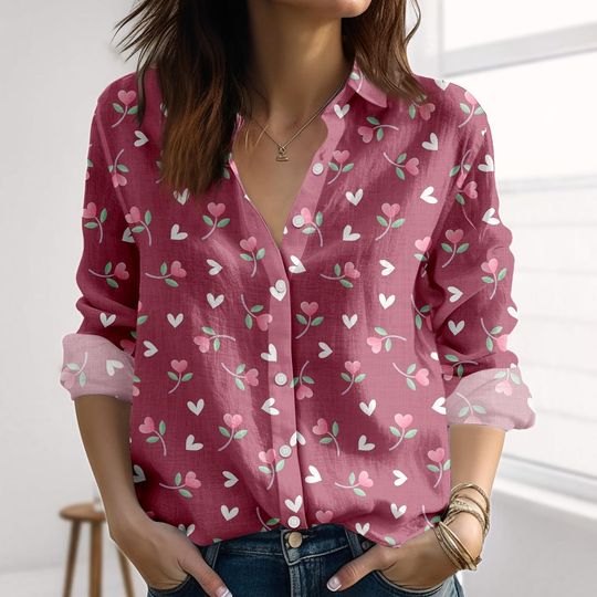 Discover Pink Heart Floral Linen-Look Shirt, Cute Romantic Blouse Shirt, Small Floral Flowers Women Shirt, Soft Girly Casual Shirt, Gift For Her