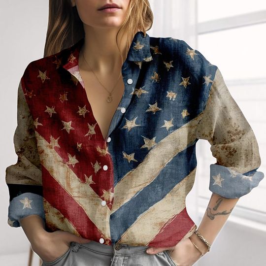 Discover Vintage American Flag Linen-Look Shirt, USA 250 Years Blouse Shirt, Distressed Stars and Stripes Freedom Women Shirt, Patriotic Gift