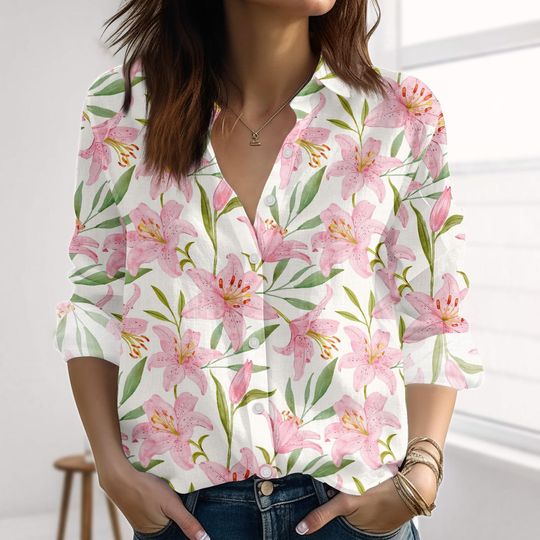 Discover Retro Pink Lily Linen-Look Shirt, Elegant Flower Women Shirt, Cottagecore Spring Blouse Shirt, Plant Love Casual Shirt, Gift For Her