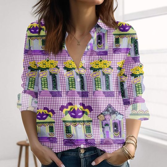 Discover Retro Mardi Gras Linen-Look Shirt, Mardi Gras Purple Green Gold Women Shirt, Louisiana Louisiana Carnival Blouse Shirt, Fat Tuesday Tee