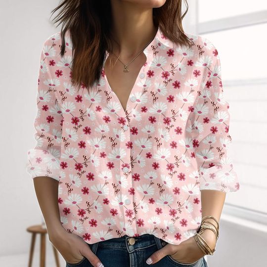 Discover Peachy Blossom Linen-Look Shirt, Small Floral Flower Casual Shirt, Cottage Blouse Top Women, Gardening Button Shirt, Nature Love Gift
