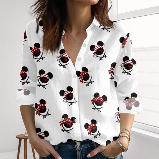 Discover Pirate Mickey Mouse Linen-Look Shirt, Mickey Head Blouse Shirt, Vintage Disney Shirts For Women, Holiday Casual Outfit Gift For Her