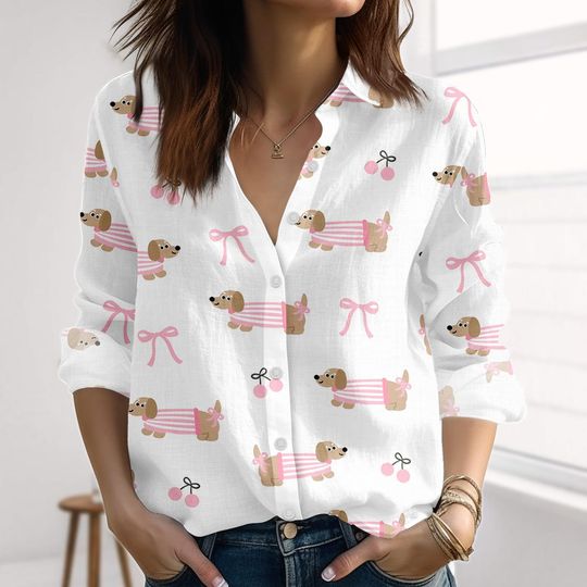 Discover Dachshund Valentine Linen-Look Shirt, Pink Dog With Bows Women Shirt, Dog Lovers Blouses Shirt, Kawaii Pastel Casual Shirt Gift for Her
