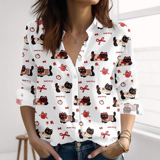 Discover Black Cat Valentine Linen-Look Shirt, Cute Kitty Blouse Shirt, Retro Bow Button Down Shirt, Casual Shirt For Cat Lovers, Gift For Her