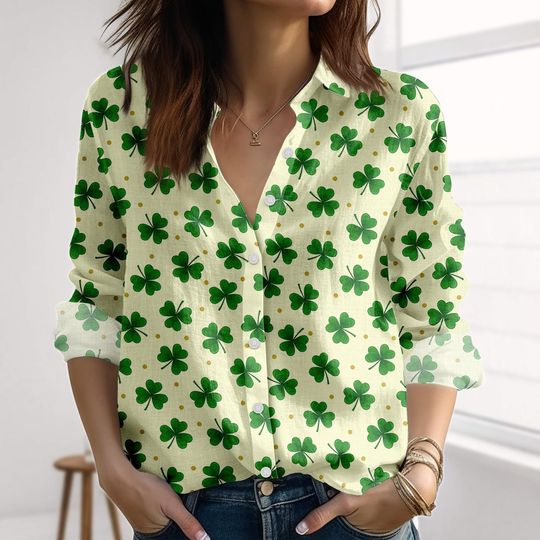 Discover Shamrock Linen-Look Shirt, St Patricks Day Blouse Shirt, Irish Clover Women Shirt, Lucky Green Minimal Casual Shirt, Gift For Her
