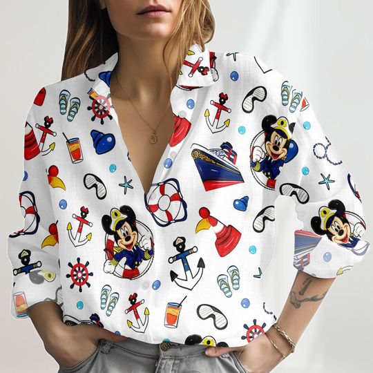 Discover Mickey Captain Cruise Linen-Look Shirt, Disney Cruise 2026 Women Shirt, Disney Cruise Trip Blouse Shirt, Matching Cruise Family Shirt
