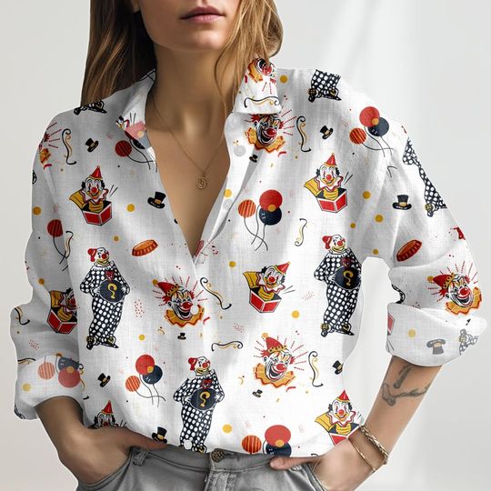 Discover Carnival Clown Linen-Look Shirt, Circus Festival Women Shirt, Karneval Holiday Blouse Shirt, Fasching Shirt, Carnival Costume for Women