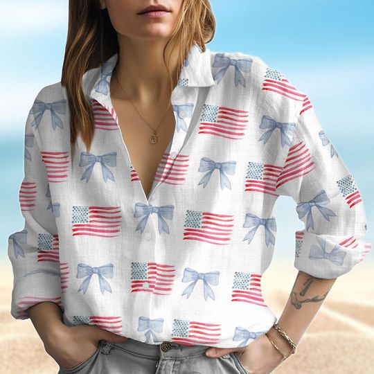 Discover American Flag 4th July Linen-Look Shirt, USA Coquette Bow Blouses Tops Women, USA Flag Button Shirt, Independence Day Shirt For Patriot
