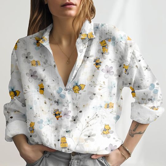 Discover Vintage The Pooh Linen-Look Shirt, Cute Bear Blouse Shirt, Honey Bear Women Shirt, Disney Vacation Casual Shirt, Cartoon Gift For Her