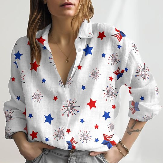 Discover America Firework Linen-Look Shirt, Merica 4th of July  Blouse Tops Women, USA Flag Casual Day, Independence Day, Patriotic Button Shirt