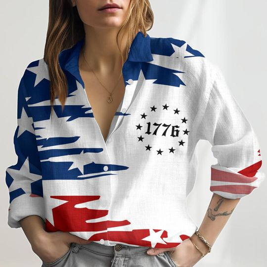 Discover 4th of July 1776 Linen-Look Shirt, American Retro Women Shirt, Red White Blue Blouse Shirt, Independence Day, Patriotic Gift For Women