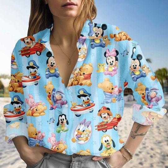 Discover Disney Blouse Shirt, Mickey Linen-look Shirt, Pooh Button Down Blouse, Cartoon Vacation Shirt, Holiday Gift
