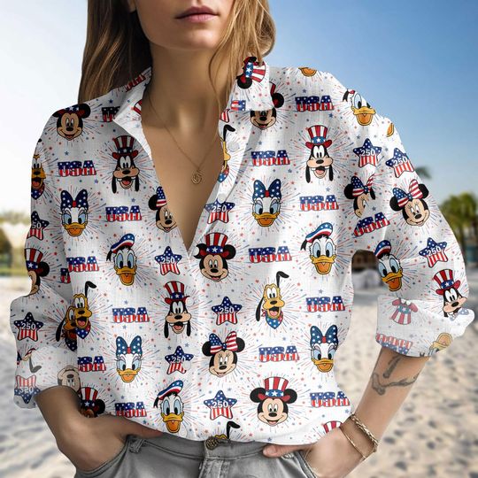 Discover Disney USA Patriotic Blouse Shirt, Mickey Minnie Donald Daisy Goofy 4th of July Shirt for Women, USA 250th Anniversary Casual Shirt