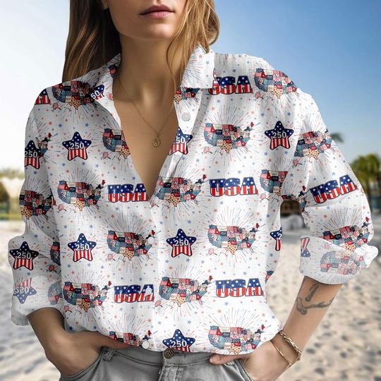 Discover USA 250 Years of Freedom Blouse Shirt, Patriotic America Map Linen-Look Shirt, 4th of July Button Up Shirt for Women, Gift For Her