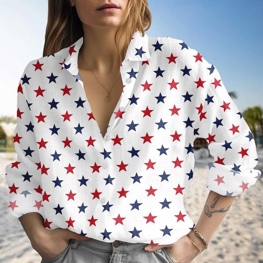 Discover Red Blue Star Patriotic Blouse Shirt, 4th of July Shirt, USA Independence Day Women Shirt, 4th of July Casual Shirt, Patriotic Shirt