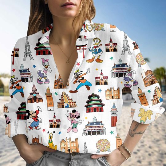 Discover Epcot Mickey and Friends Blouse Shirt, Disney World EPCOT Trip Casual Shirt, Disney Park Characters Shirt, Disneyland Trip Shirt
