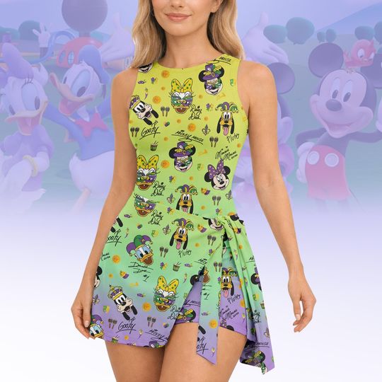 Discover Mardi Gras Disney Tennis Dress Skirt, Minnie Mickey Goofy Mardi Gras Outfit, Disneybound Sporty Dress, Carnival Disney Dress Women