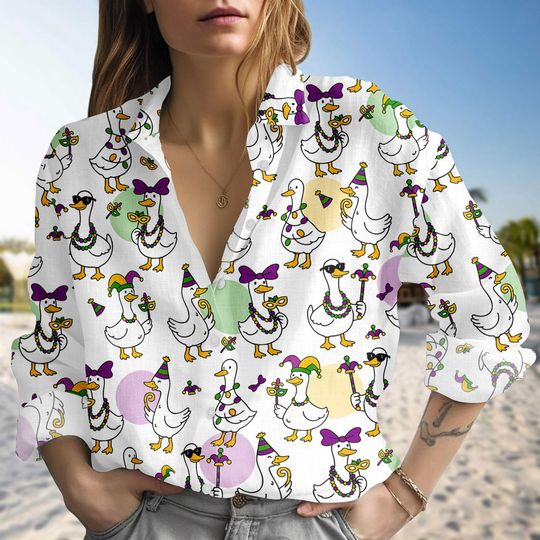 Discover Mardi Gras Goose Blouse Women Shirt, Funny Mardi Grass Linen-Look Shirt, Mardi Grass Blouse Shirt, Casual Shirt, Gift For Mom