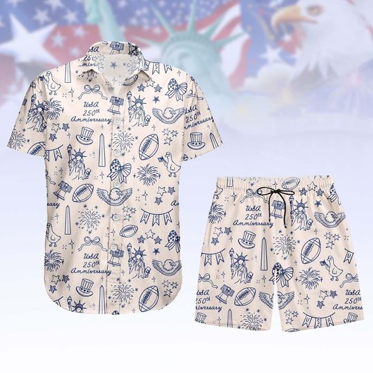 Discover USA 250th Anniversary Button Shirt Shorts, Patriotic Button Shirt, American Celebration Shorts, Independence Day Shirt, Holiday Gift