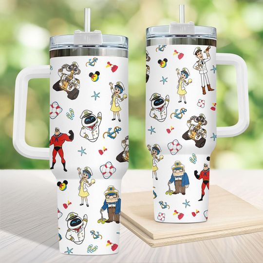 Pixar Disney Cruise Tumbler 40oz, Wall-E Eve Up Carl Mug, Nautical Anchor Vacation Travel Cup With Handle, Disney Pixar Cruise Trip