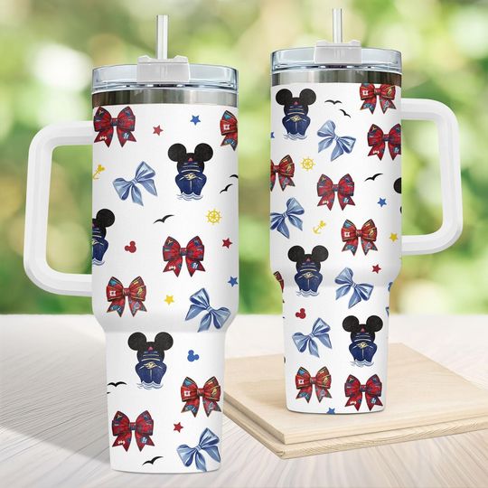 Discover Disney Cruise Mickey Captain Bows Tumbler 40oz, Nautical Bow Pattern Travel Cup With Handle, Cruise Vacation Gift, Disney Cruise Gift