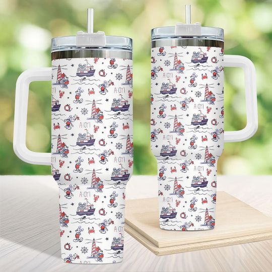 Discover Disney Cruise Nautical Mickey 40oz Tumbler, Mickey Mouse Ahoy Tumbler with Handle, Disney Vacation Cup, Disney Cruise Trip Cup Gift