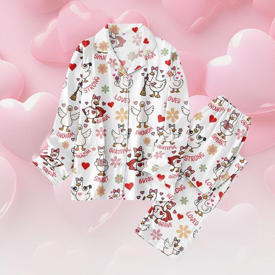 Discover Goose Love  PJs Set, Heart Goose Long Pajamas, Cute Goose Long Pajama Set, Women Pajamas, Valentine Gift