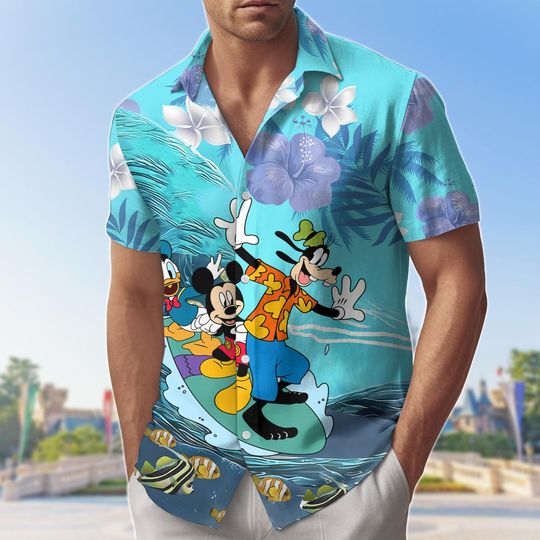 Discover Mickey Surf Button Shirt, Disney Surfing Button Up Shirt, Goofy Donald Beach Shirt, Tropical Summer Vacation Top, Disney Trip Gift