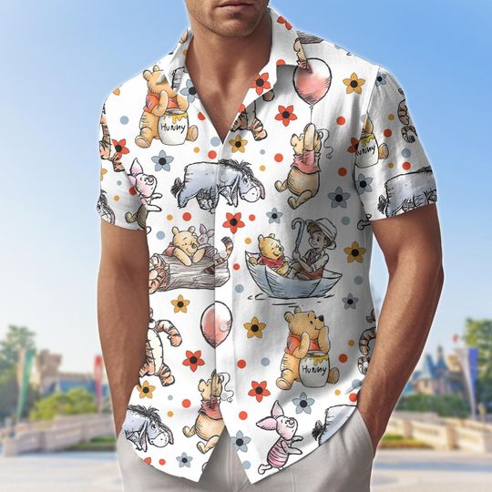 Discover Winnie The Pooh Button Shirt/Shorts, Vintage Pooh Bear Button Up Shirt, Cute Bear Cartoon Man Shirt, Gift For Disney Fans, Gift For Him