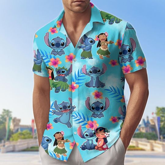 Discover Disney Lilo and Stitch Button Shirt/Shorts, Aloha Stitch Shirt, Stitch Man Shorts, Disney Tropical Vacation Outfit, Cute Summer Beachwear