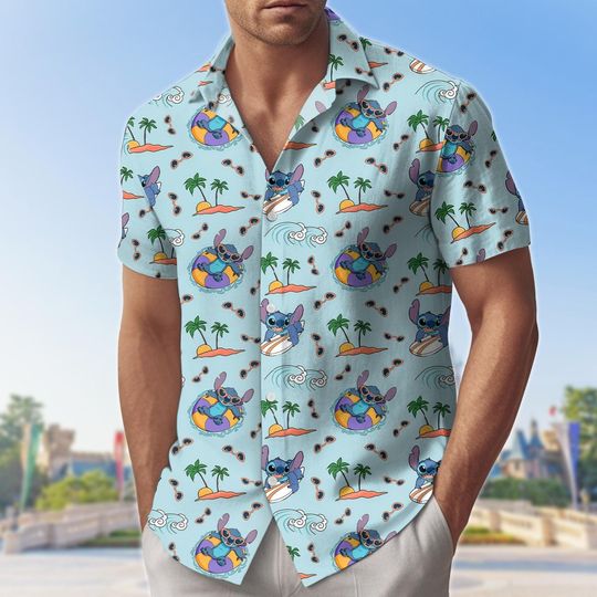 Discover Funny Stitch Button Shirt/Shorts, Tropical Stitch Button Up Shirt, Disney Lilo Stitch Shirt, Summer Beach Vacation Shirt For Men