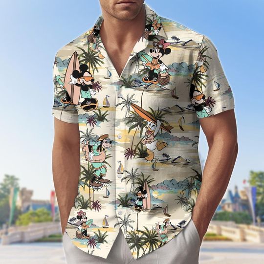 Discover Mickey and Friends Beach Button Shirt, Disney Surfing Button Shirt, Mickey Minnie Donald Summer Hawaii Shirt, Disney Trip Gift