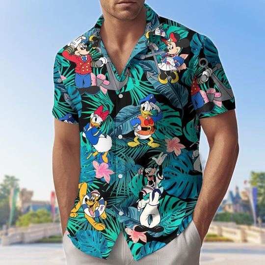 Discover Disney Nautical Button Shirt/Short, Tropical Mickey Minnie Donald Goofy Shirt, Summer Vacation Disney Aloha Shirt, Disney Trip Shirt