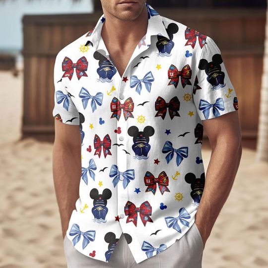 Discover Disney Mickey Bow Button Shirt/Short, Mickey Minnie Cruise Bow Hawaii Shirt, Funny Nautical Bows Shirt, Disney Cruise Vacation Shirt