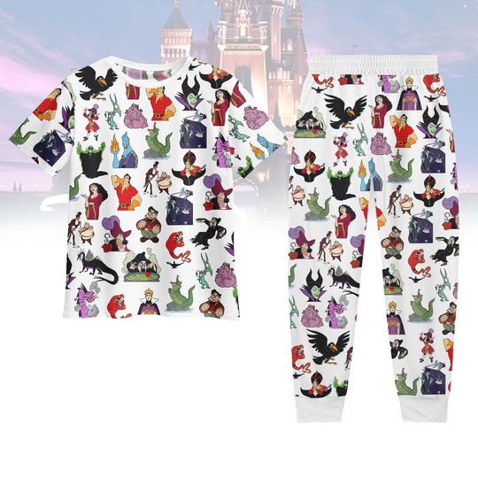 Discover Disney Villains Tshirt And Pants Pajamas Set, Disney Sleepwear, Cartoon Villain Pajamas, Disney Nightwear Gift For Fans, Disney Gift
