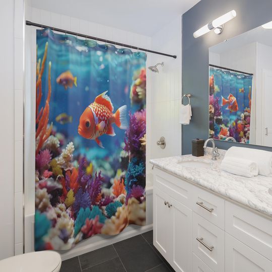 Colorful Coral Reef Goldfish Shower Curtain Underwater Ocean Scene
