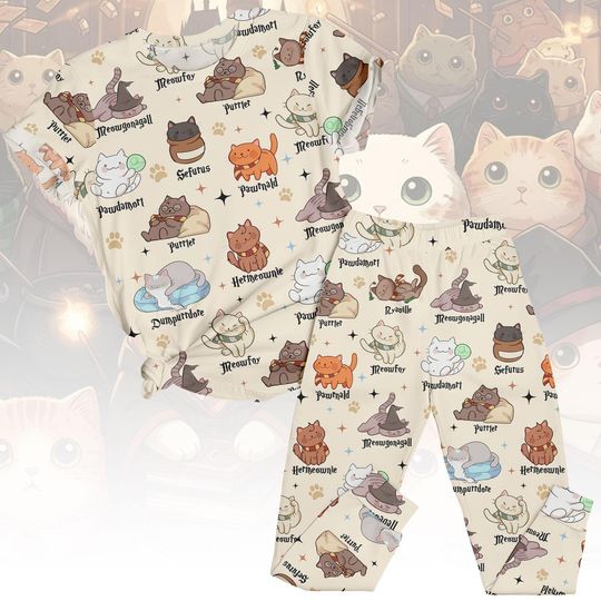 Discover Cute Wizard Cat Pajamas Set Unisex, Magic Cat Print Sleepwear for Kids or Adults, Funny Cartoon Kitty PJs, Cozy Nightwear Gift