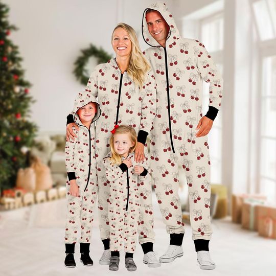 Discover Cherry Family Jumpsuit, Holiday Onesie Pajamas, Xmas Fleece Jumpsuit, Cherry One-piece Pajamas, Pajamas For Family