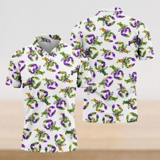 Discover Mardi Gras Lobster Polo Shirt, Mardi Gras Beads Polo Shirt, Crawfish Button Shirt, Carnival Party Outfit, Fleur De Lis Polo