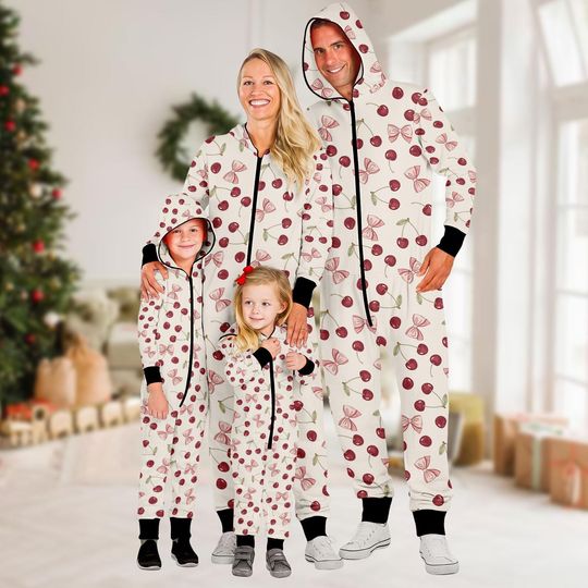 Discover Cherry Family Jumpsuit, Holiday Onesie Pajamas, Festive Fleece Jumpsuit, Cherry One-piece Pajamas, Pajamas For Family