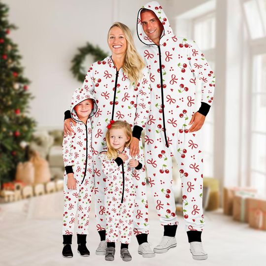 Christmas Family Jumpsuit, Cherry Onesie Pajamas, Holiday Fleece Jumpsuit, Christmas One-piece Pajamas, Pajamas For Family