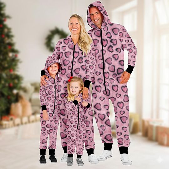 Discover Heart Family Jumpsuit, Leopard Onesie Pajamas, Pink Fleece Jumpsuit, Heart One-piece Pajamas, Pajamas for Family