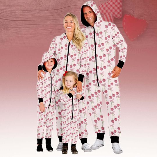 Discover Cherry Family Jumpsuit, Heart Onesie Pajamas, Cozy Fleece Jumpsuit, Cherry One-piece Pajamas, Pajamas For Family