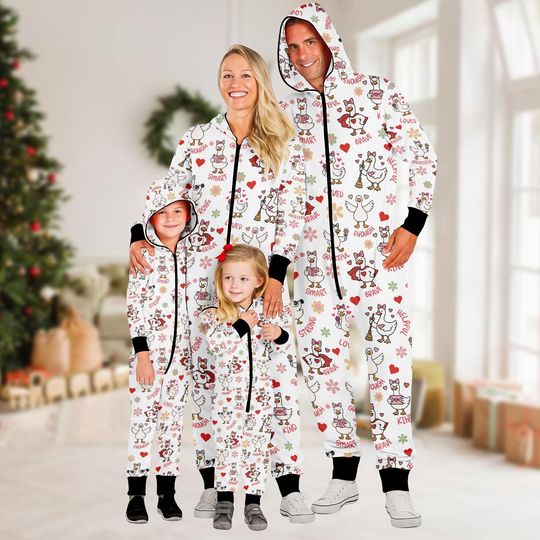 Discover Cute Goose Family Jumpsuit, Lovely Onesie Pajamas, Couple Fleece Jumpsuit, Family One-piece Pajama, Pajamas For Family