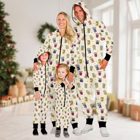 Jar Pattern Family Jumpsuit, Cute Art Onesie Pajamas, Family Fleece Jumpsuit, Family One-piece Pajama, Pajamas For Family, Gift for Kid