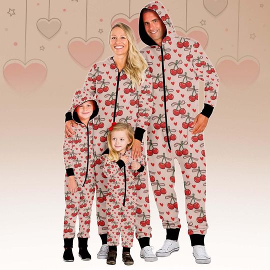 Discover Cherry Family Jumpsuit, Heart Onesie Pajamas, Patterned Fleece Jumpsuit, Cherry One-piece Pajamas, Pajamas For Family